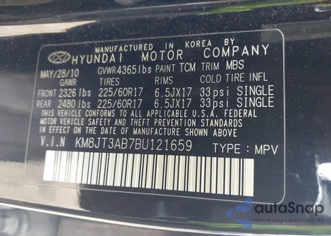 2011 Hyundai Tucson Gl from USA, damaged, VIN KM8JT3AB7BU121659